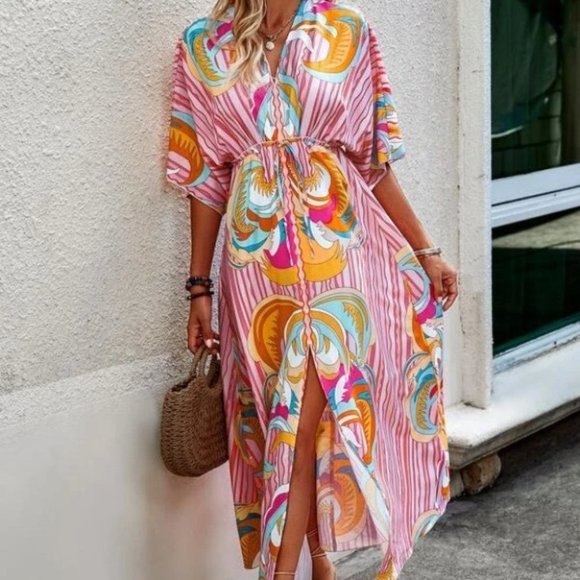 Frill Pearls Split Hem Batwing Sleeve Dress - Picture 3 of 5